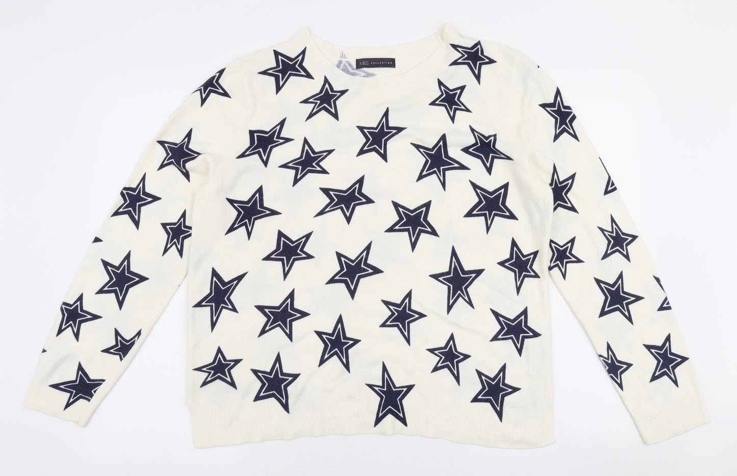 Marks and Spencer Womens White Round Neck  Acrylic Pullover Jumper Size 18   - stars