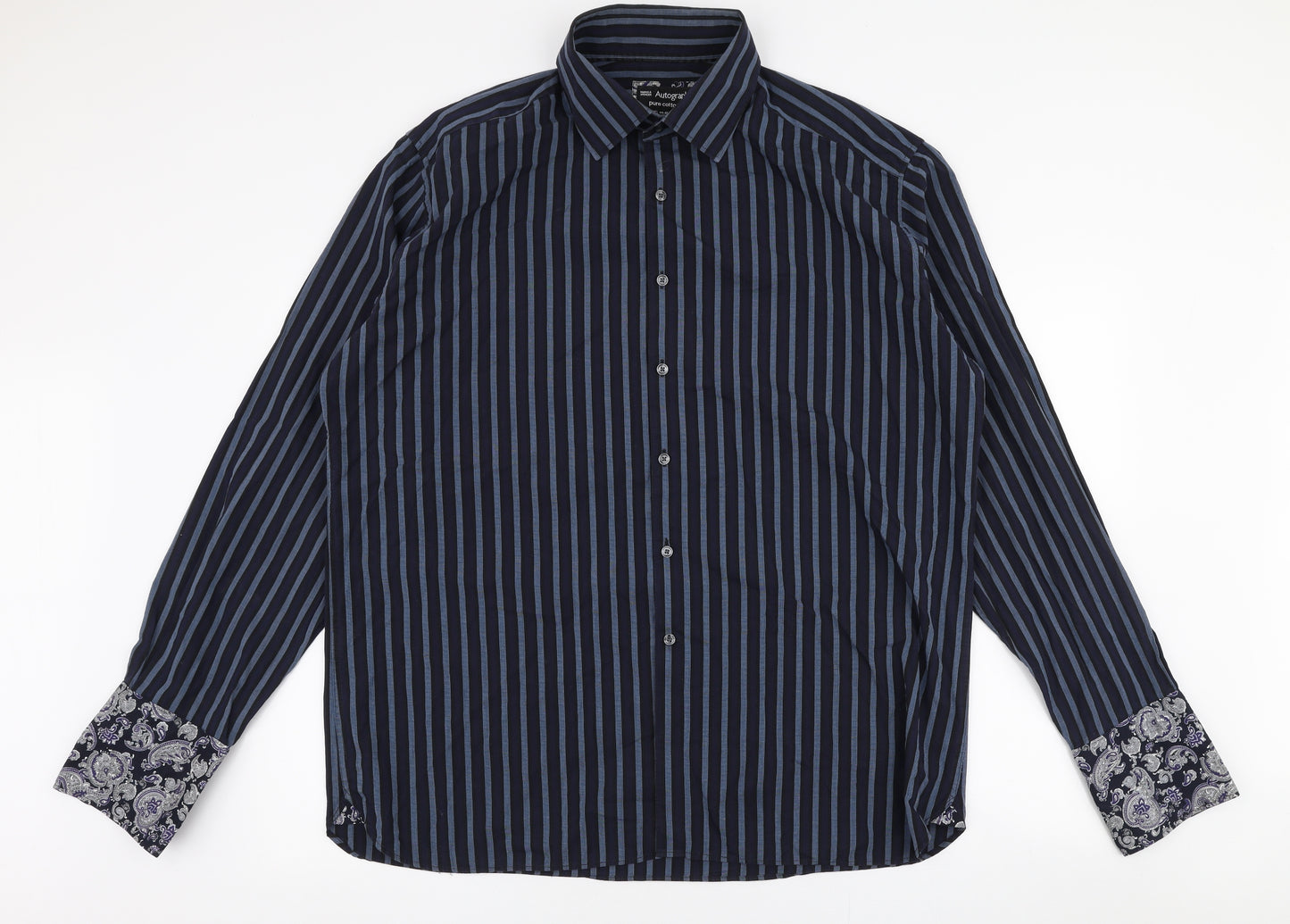 Marks and Spencer Mens Blue Striped Cotton  Dress Shirt Size 17.5 Collared Button