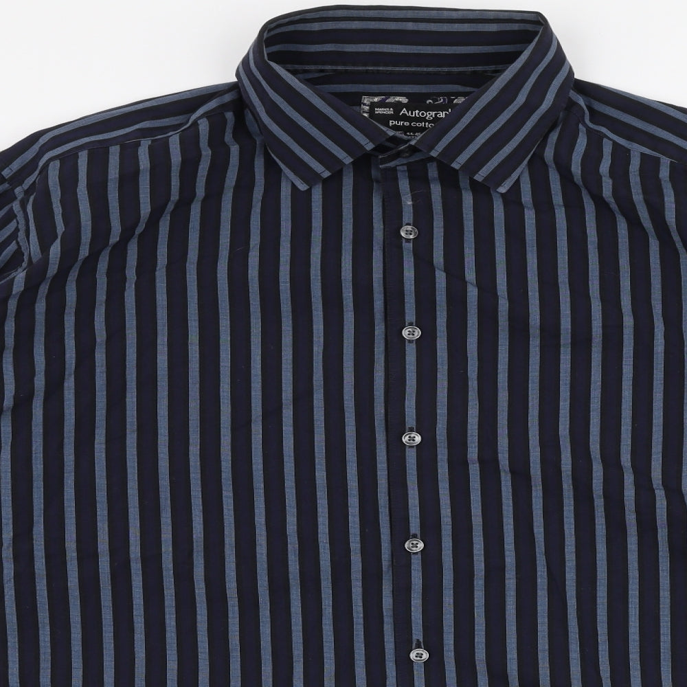 Marks and Spencer Mens Blue Striped Cotton  Dress Shirt Size 17.5 Collared Button