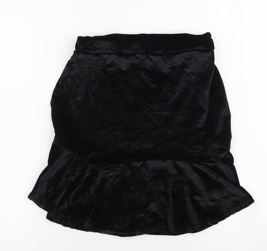 Front view of PRETTYLITTLETHING women’s black polyester a-line skirt, size UK 8