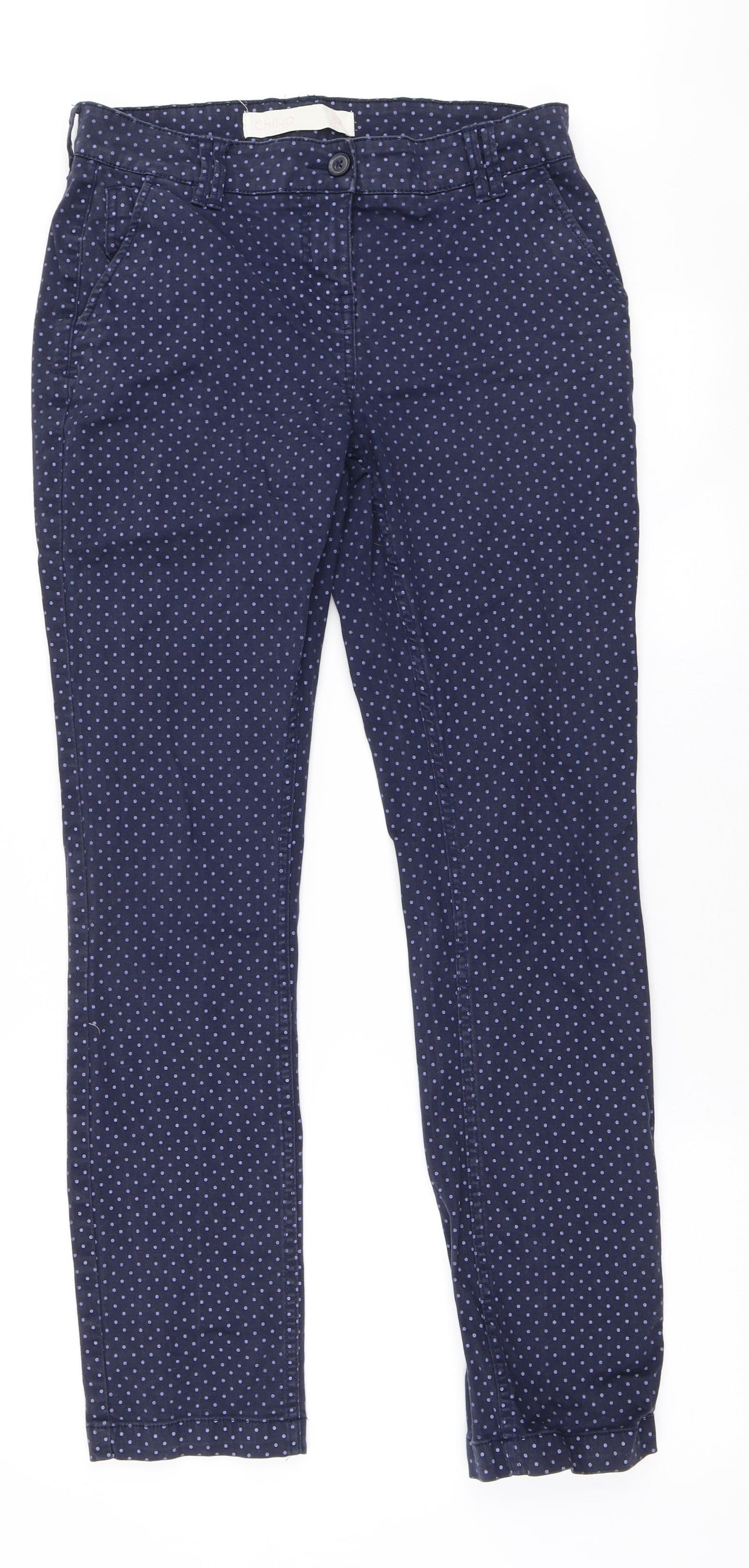 NEXT Womens Blue Polka Dot Cotton Chino Trousers Size 8 L30 in Slim Zip