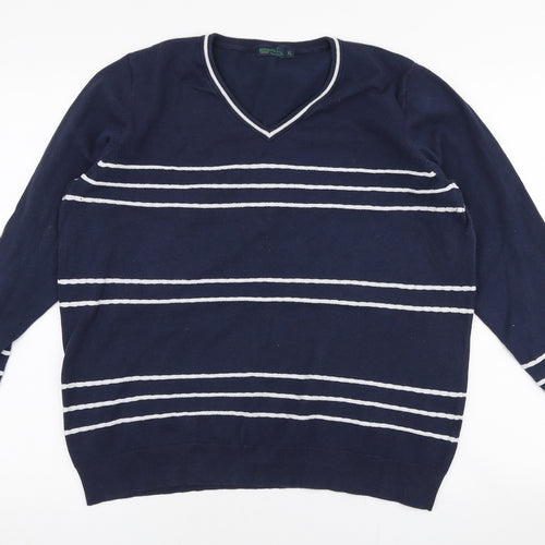 Padrais Mens Blue V-Neck Striped Polyester Pullover Jumper Size XL
