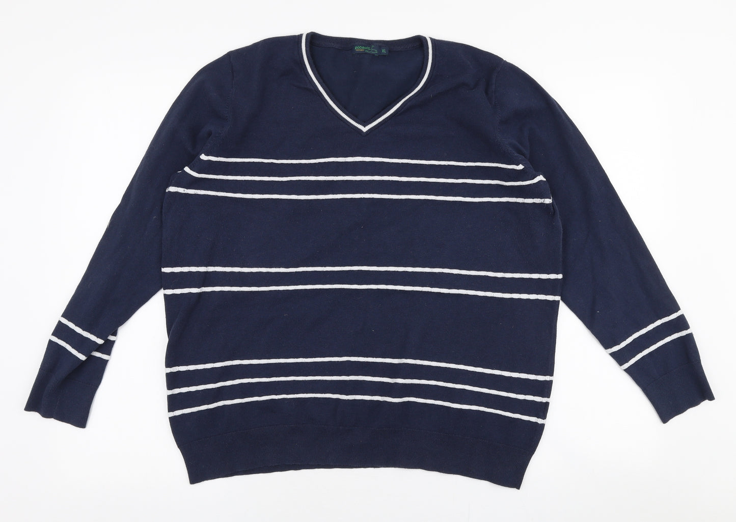 Padrais Mens Blue V-Neck Striped Polyester Pullover Jumper Size XL