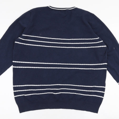 Padrais Mens Blue V-Neck Striped Polyester Pullover Jumper Size XL