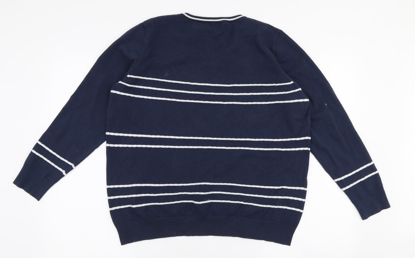 Padrais Mens Blue V-Neck Striped Polyester Pullover Jumper Size XL