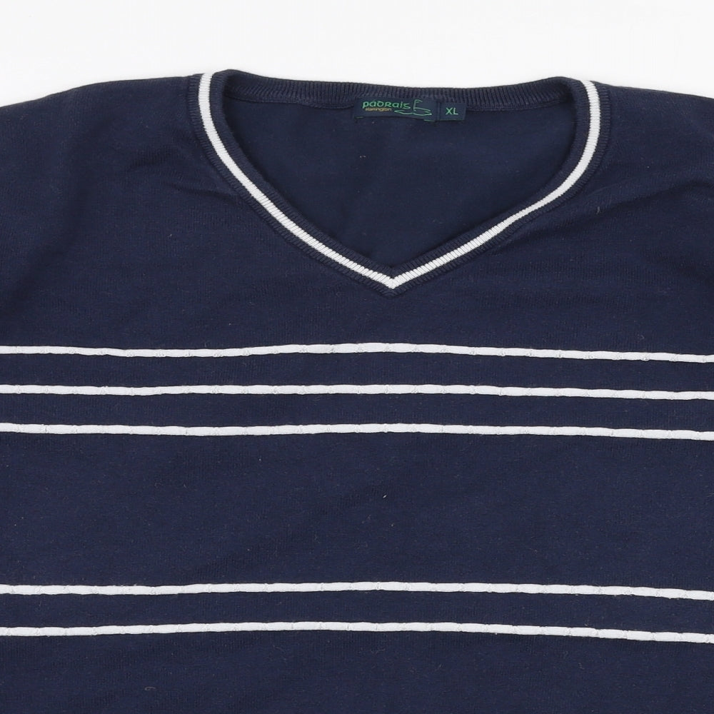 Padrais Mens Blue V-Neck Striped Polyester Pullover Jumper Size XL