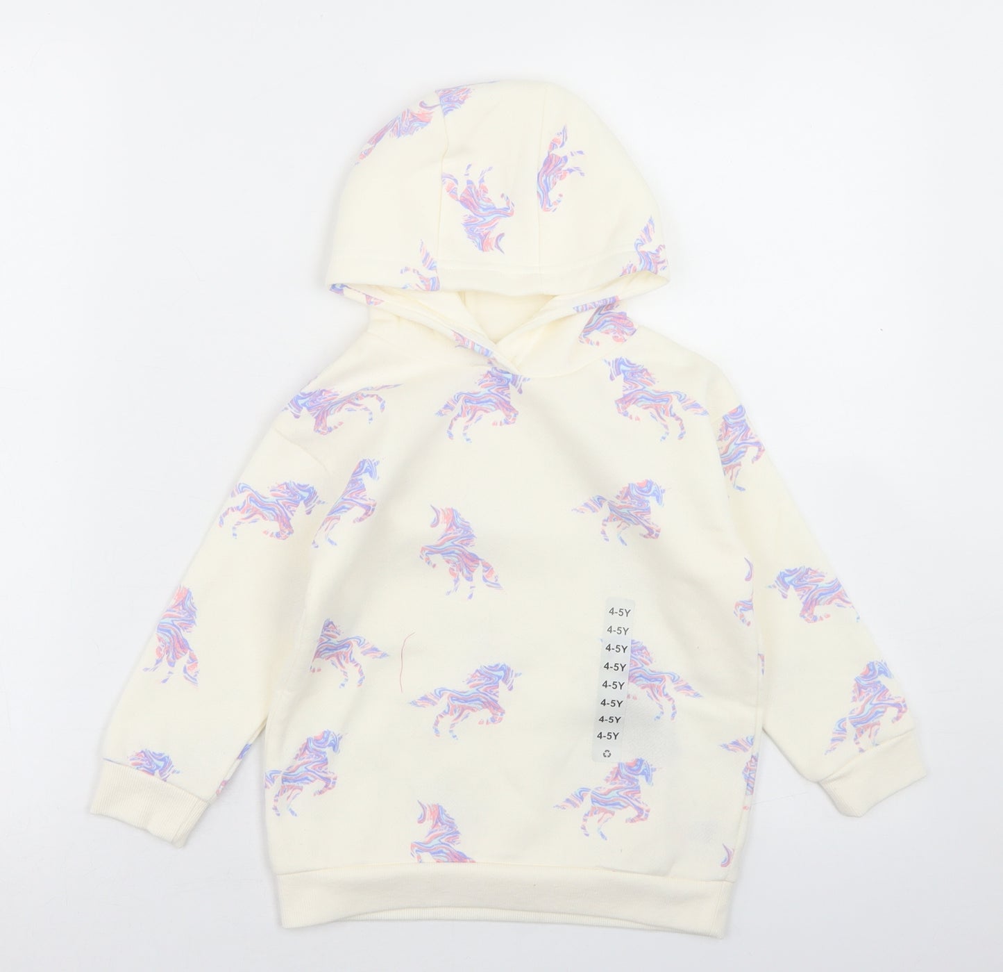 Dunnes Stores Girls Ivory Geometric Polyester Pullover Hoodie Size 4-5 Years   - Unicorn Print