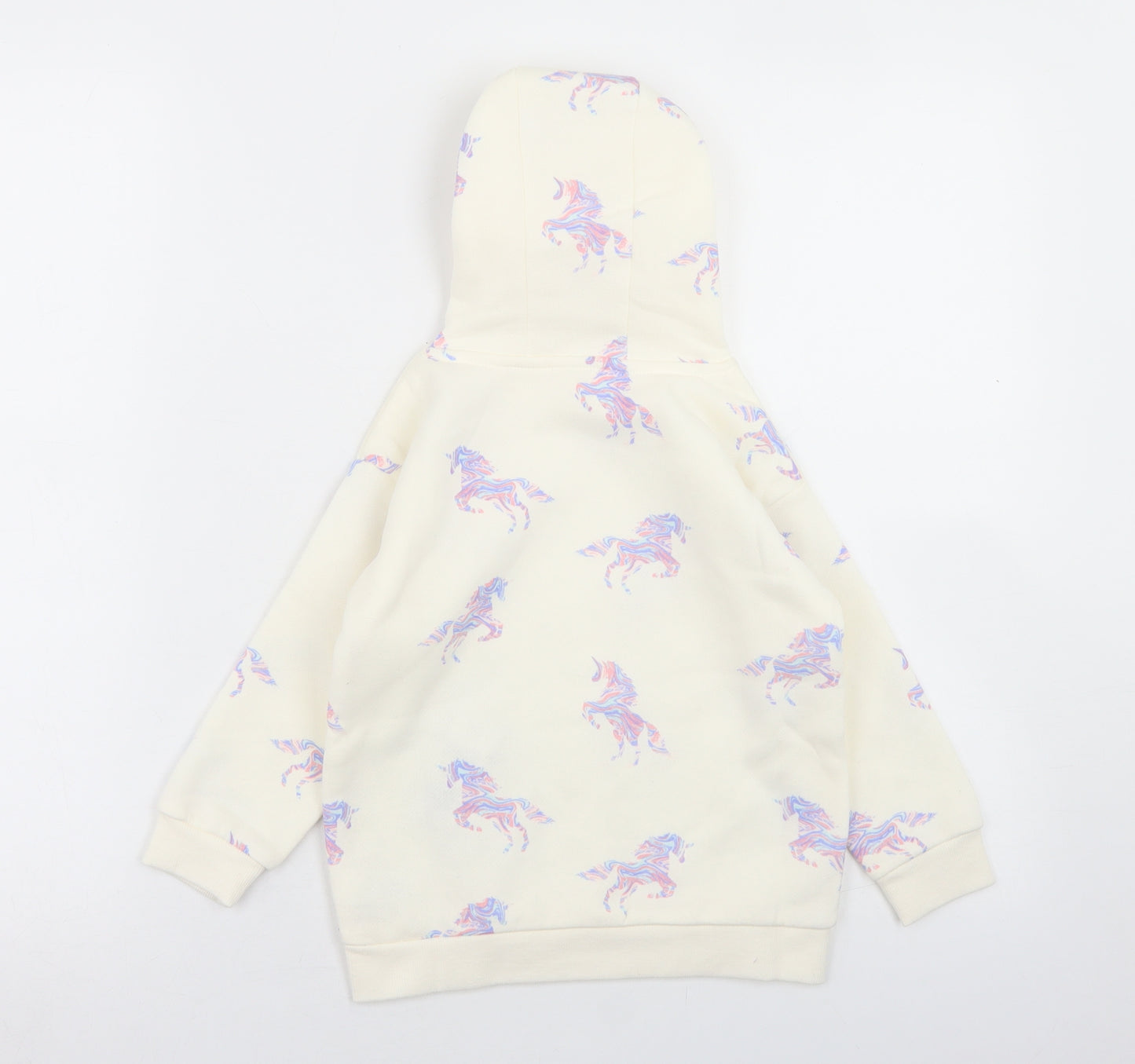 Dunnes Stores Girls Ivory Geometric Polyester Pullover Hoodie Size 4-5 Years   - Unicorn Print