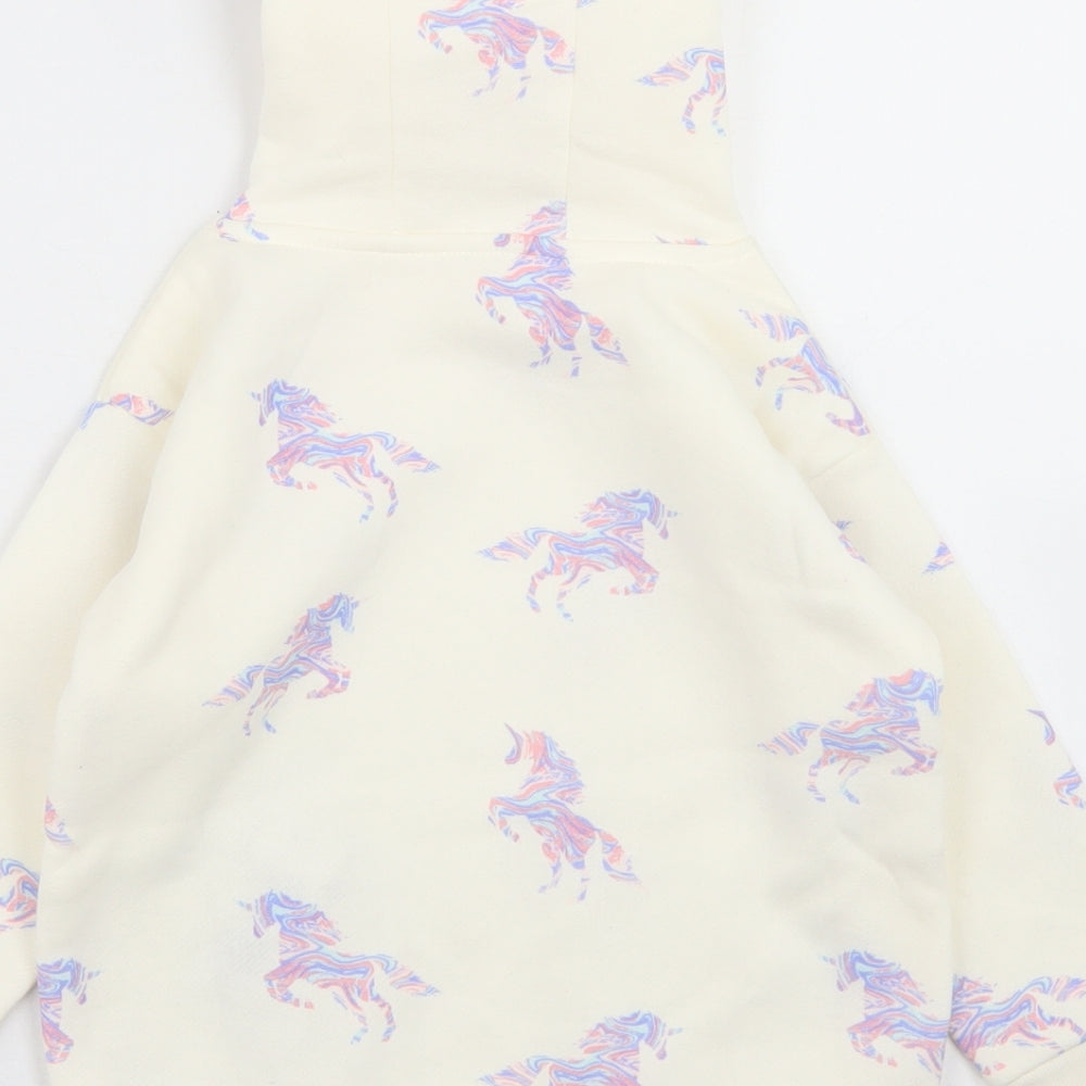 Dunnes Stores Girls Ivory Geometric Polyester Pullover Hoodie Size 4-5 Years   - Unicorn Print