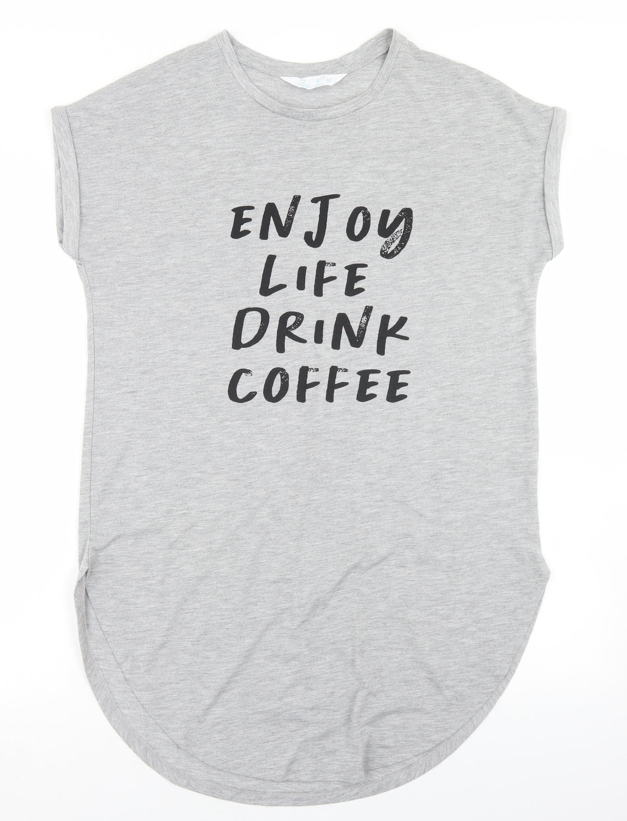 Primark Womens Grey  Polyester Basic T-Shirt Size 10 Crew Neck - Enjoy Life Drink Coffee