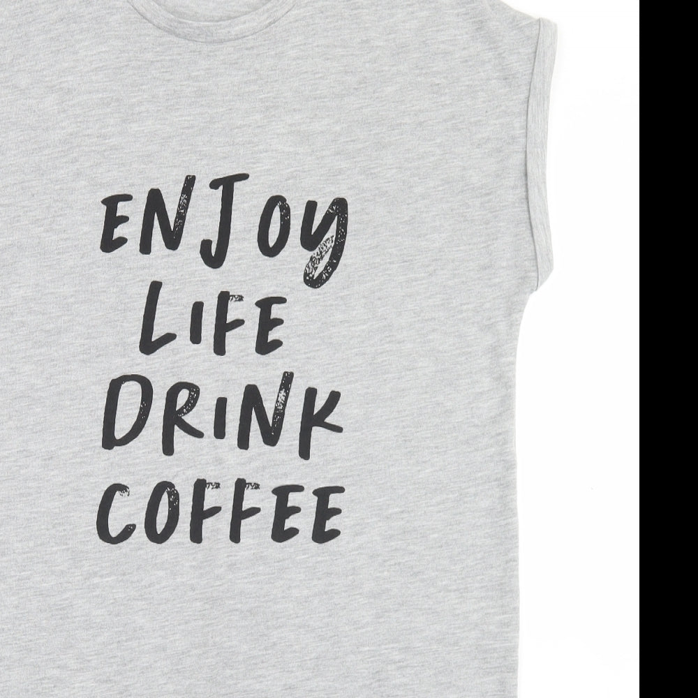 Primark Womens Grey  Polyester Basic T-Shirt Size 10 Crew Neck - Enjoy Life Drink Coffee