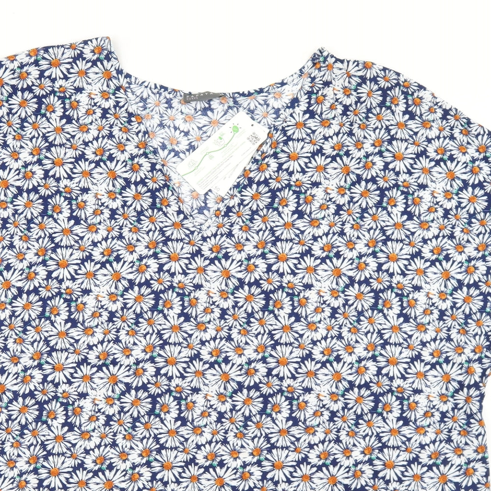 Papaya Womens Blue Floral Viscose Basic Blouse Size 24 V-Neck