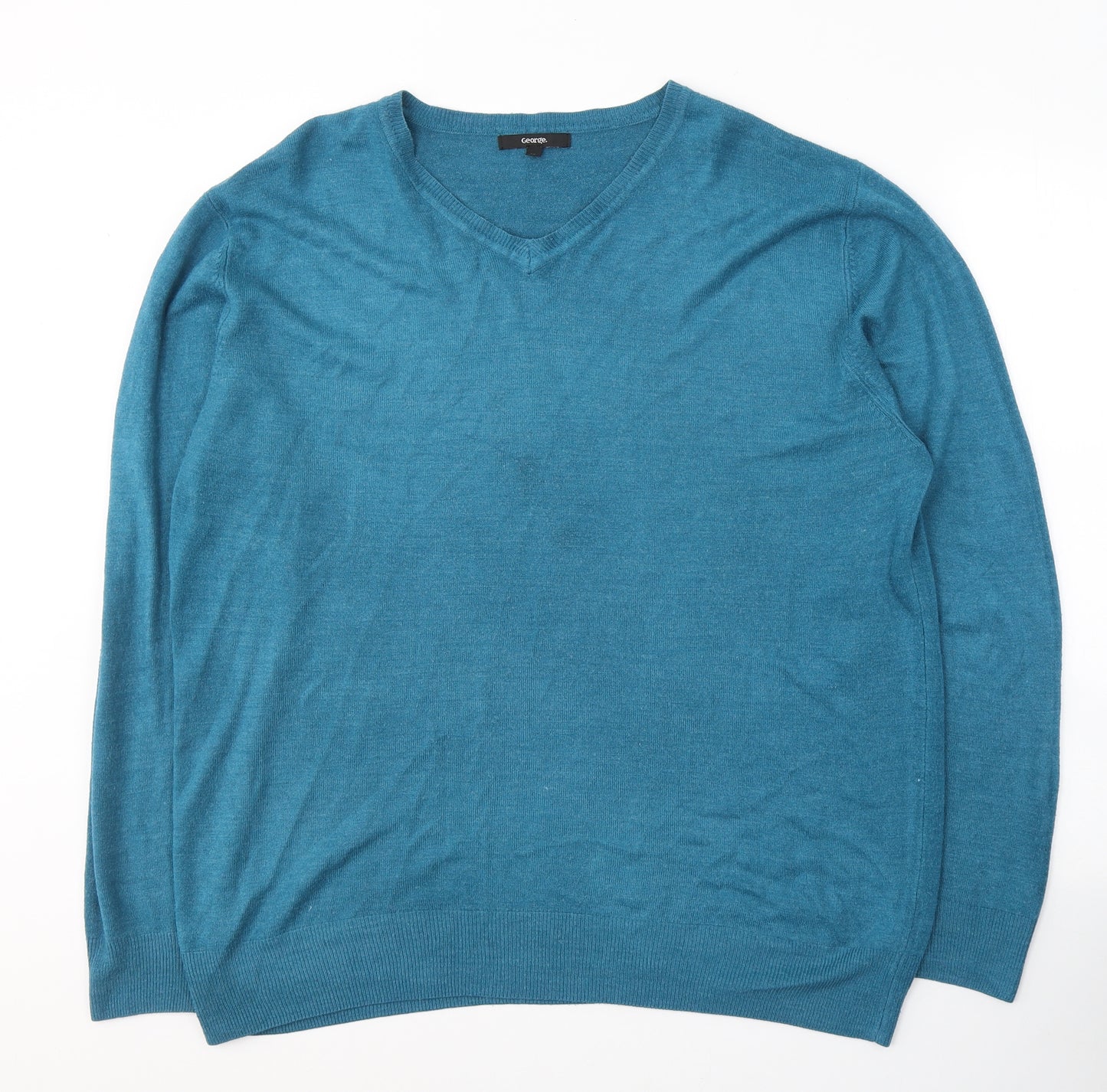 George Mens Blue V-Neck  Acrylic Pullover Jumper Size XL