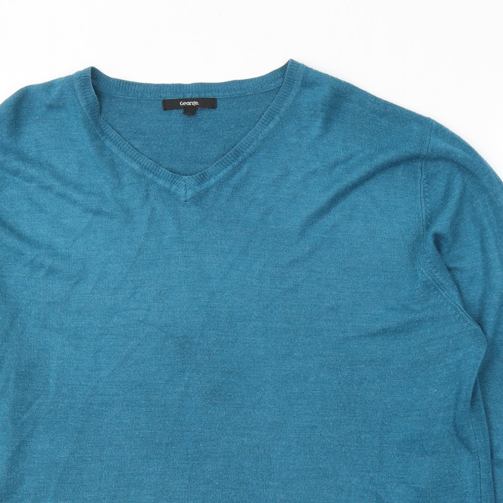 George Mens Blue V-Neck  Acrylic Pullover Jumper Size XL