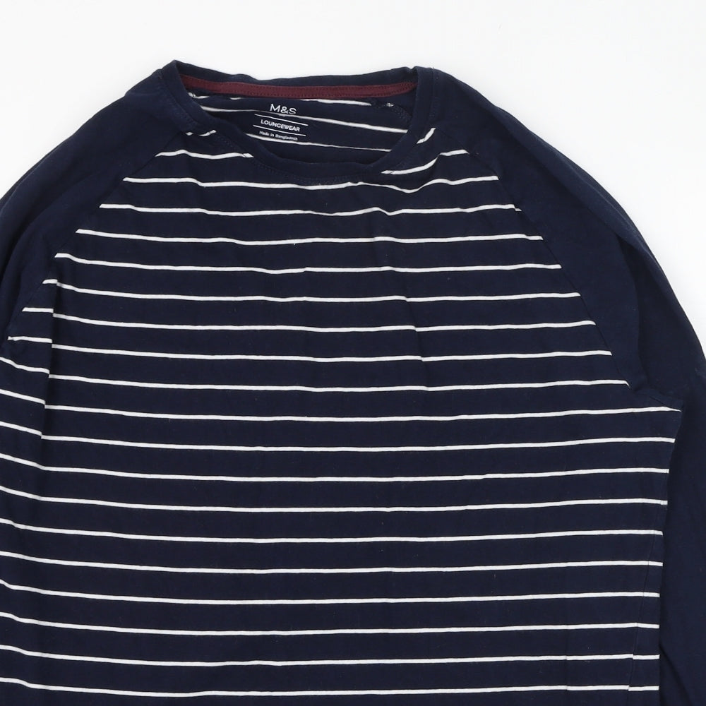 Marks and Spencer Mens Blue Striped Cotton  T-Shirt Size M Round Neck  - Loungewear