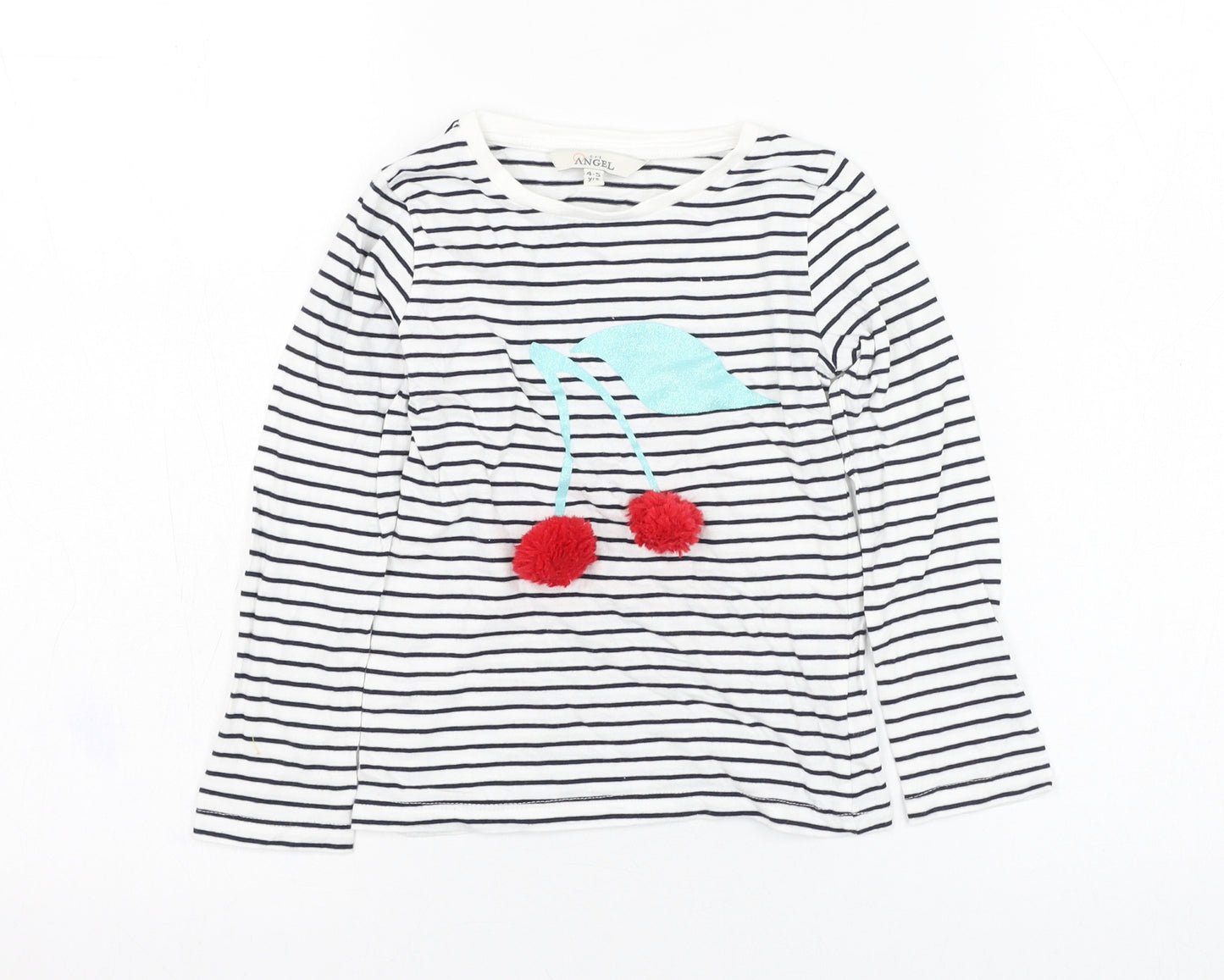 E-vie Girls White Striped Cotton Basic T-Shirt Size 4-5 Years Round Neck Pullover - Cherry