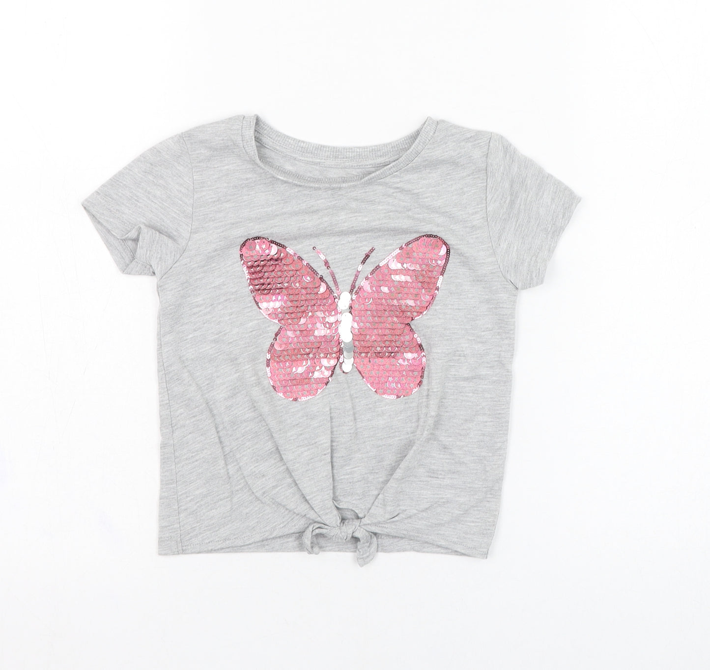 Dunnes Stores Girls Grey  Polyester Basic T-Shirt Size 5 Years Round Neck Pullover - Butterfly