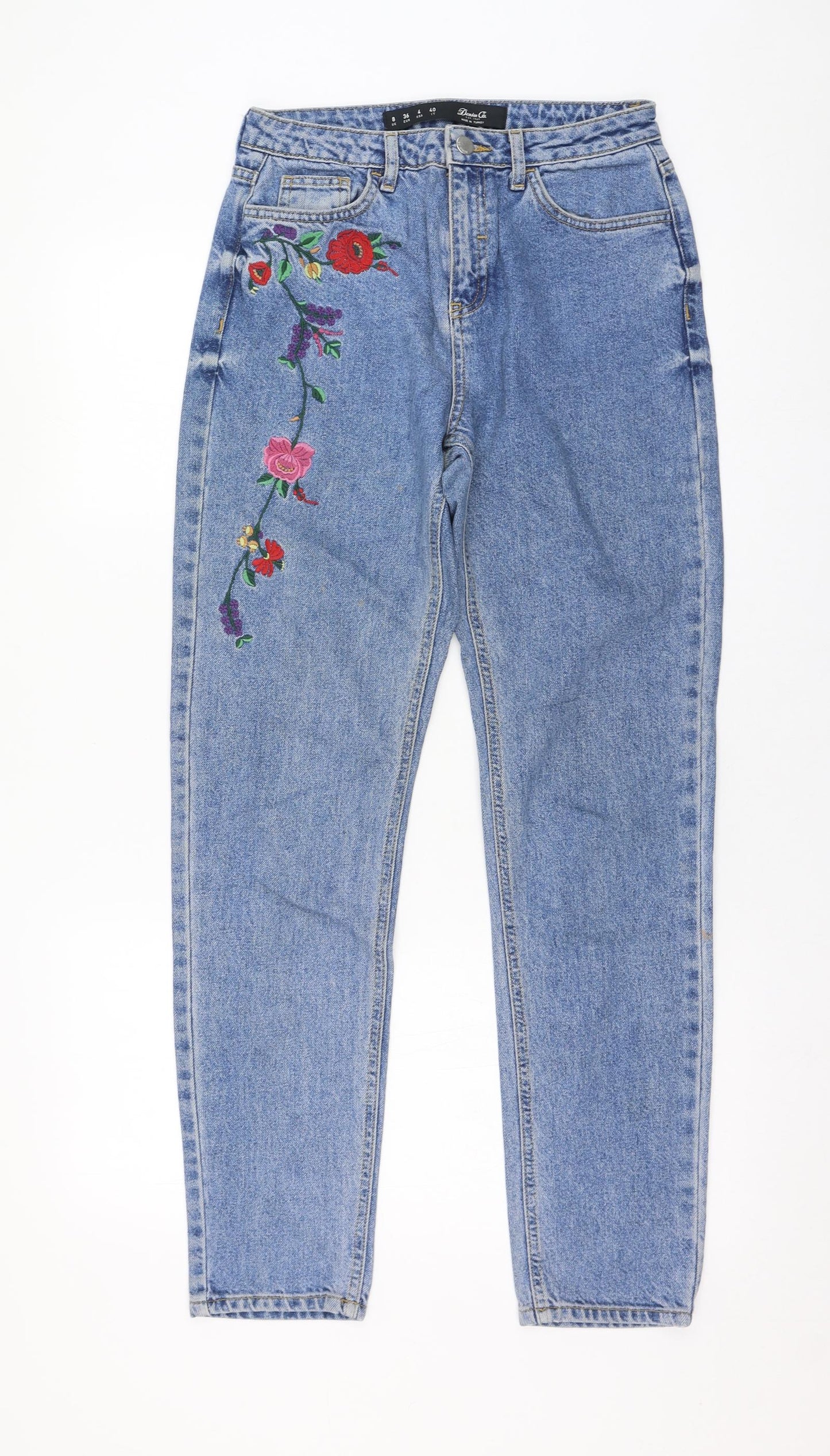 Primark Womens Blue  Cotton Straight Jeans Size 8 L28 in Regular Zip - Flower