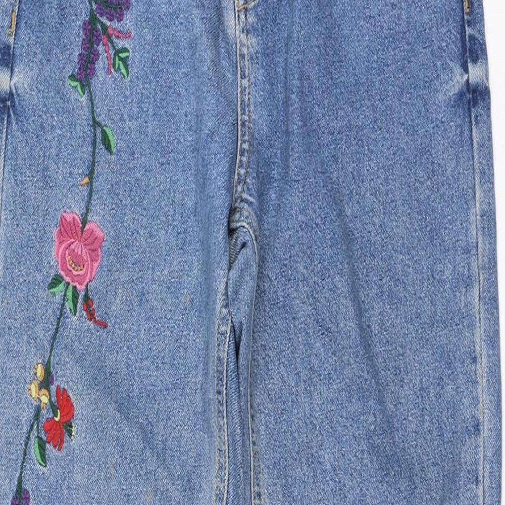 Primark Womens Blue  Cotton Straight Jeans Size 8 L28 in Regular Zip - Flower