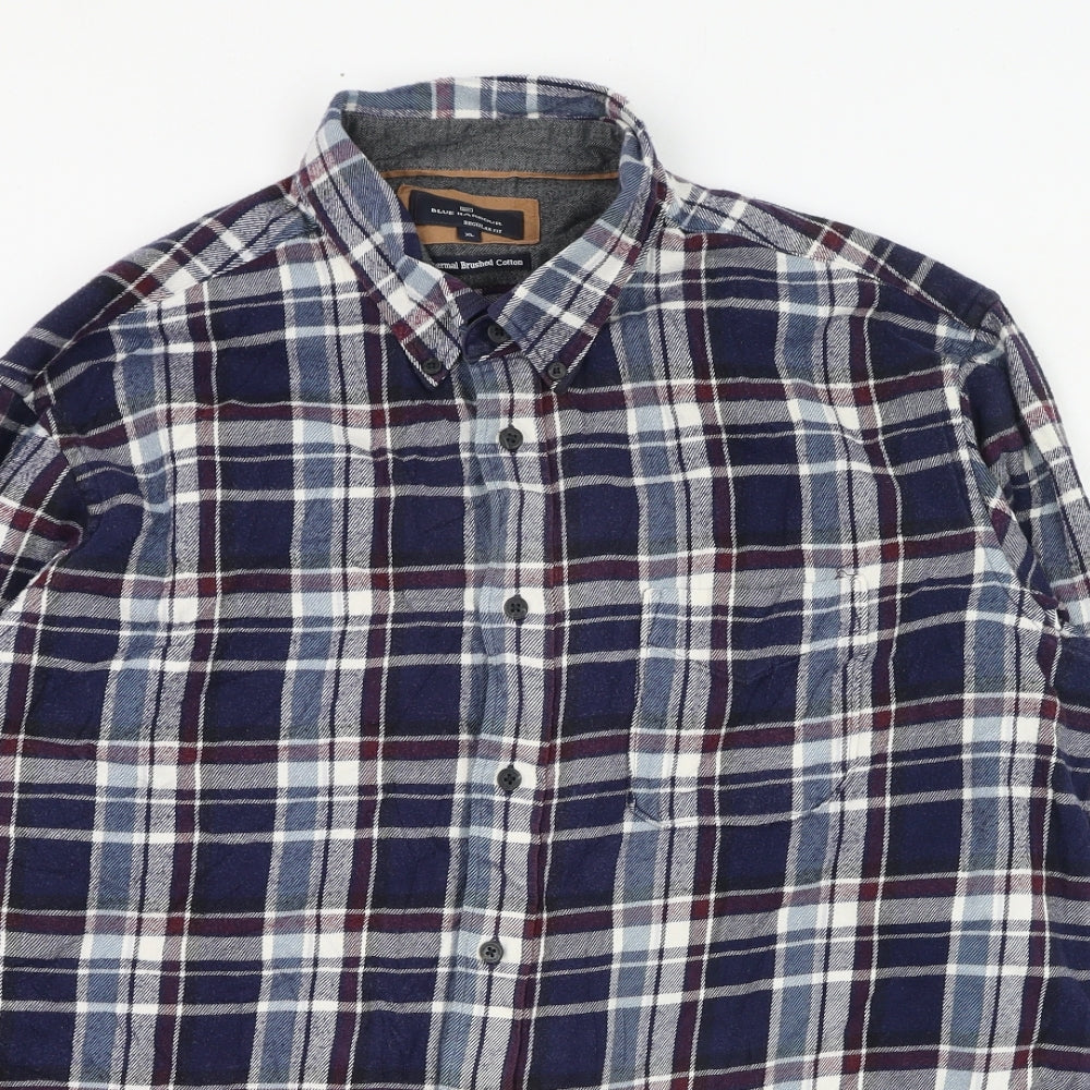 Marks and Spencer Mens Blue Check Cotton  Button-Up Size XL Collared Button