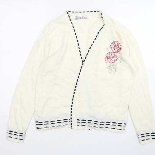 Pure & Natural Womens Beige V-Neck Floral Acrylic Cardigan Jumper Size M