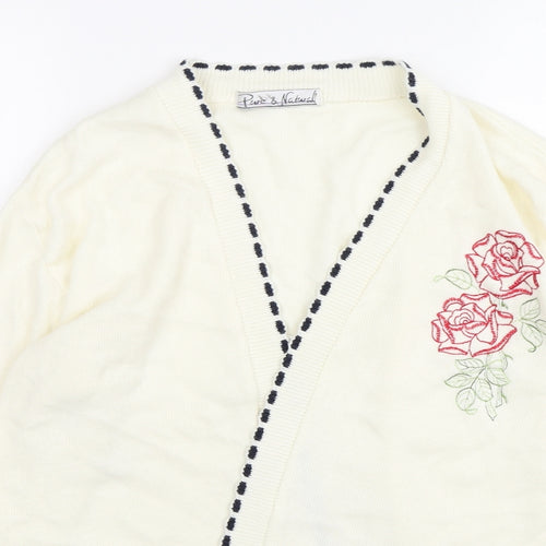 Pure & Natural Womens Beige V-Neck Floral Acrylic Cardigan Jumper Size M