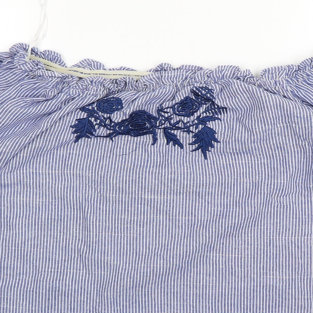 Blue Vanilla Womens Blue Striped Polyester Basic Blouse Size M Boat Neck