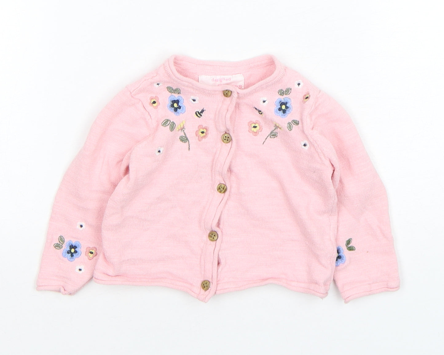 F&F Girls Pink Floral Cotton Cardigan Jumper Size 6-9 Months