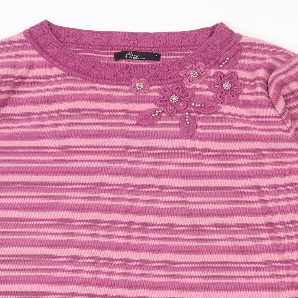 Bonmarché Womens Pink Round Neck Striped Acrylic Pullover Jumper Size M