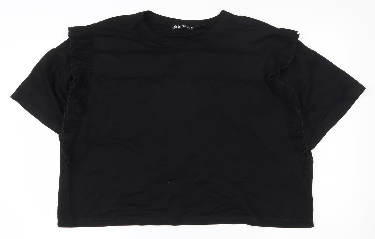 Zara Womens Black  Viscose Cropped T-Shirt Size L Round Neck