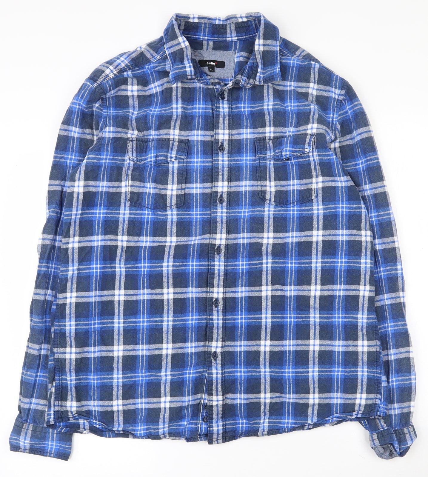 celio* Mens Blue Plaid Cotton  Button-Up Size XL Collared Button