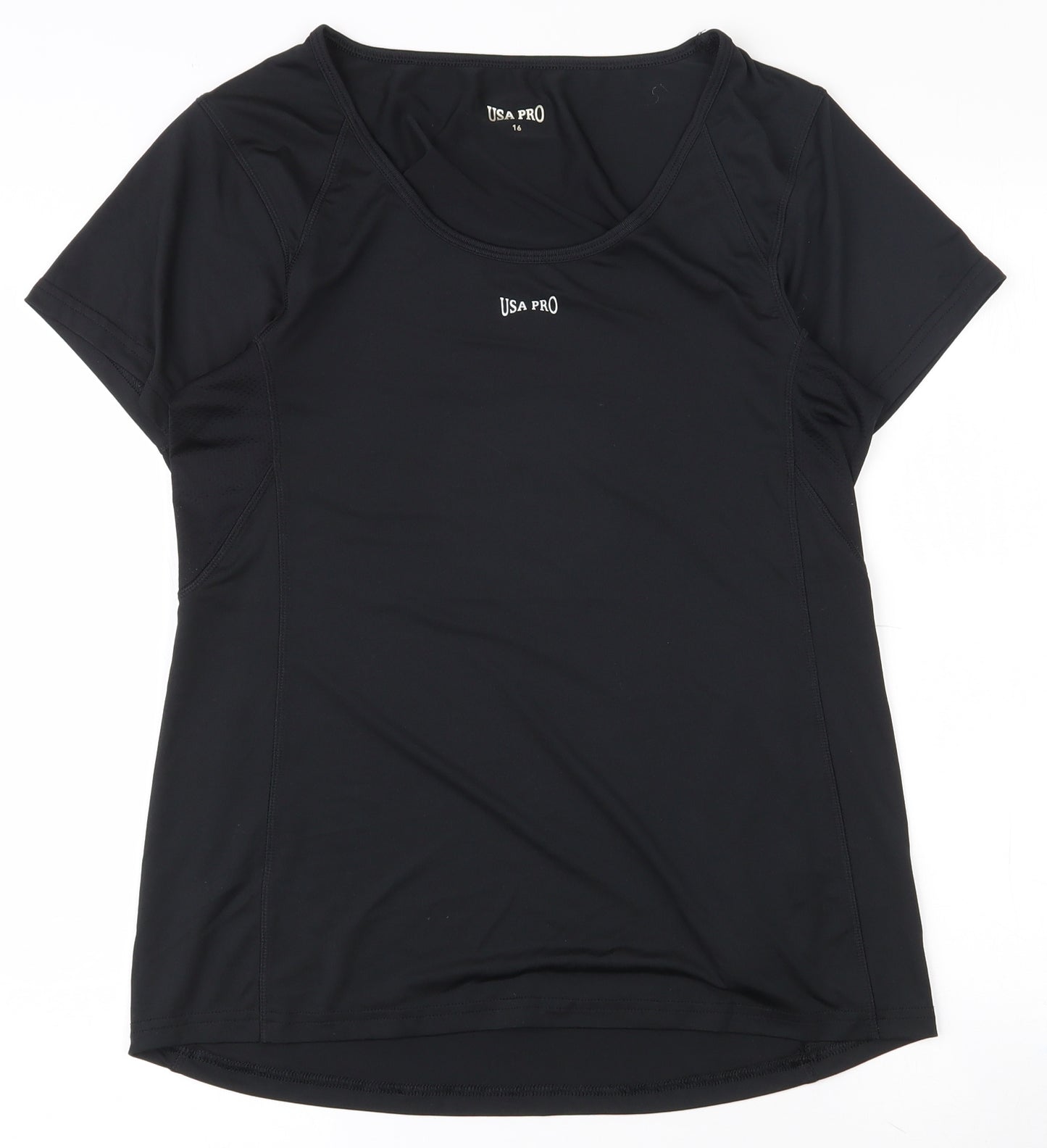 USA Pro Womens Black  Polyester Basic T-Shirt Size 16 Scoop Neck Pullover