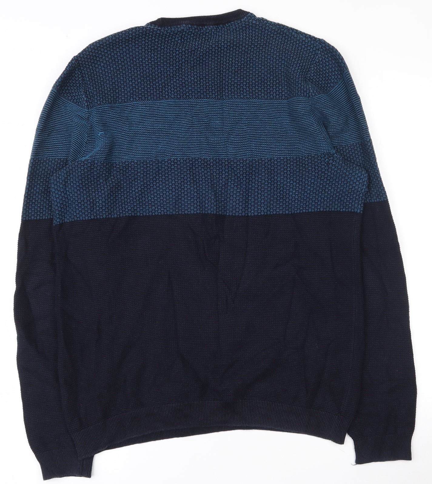 Marks and Spencer Mens Blue Round Neck Striped Cotton Pullover Jumper Size M