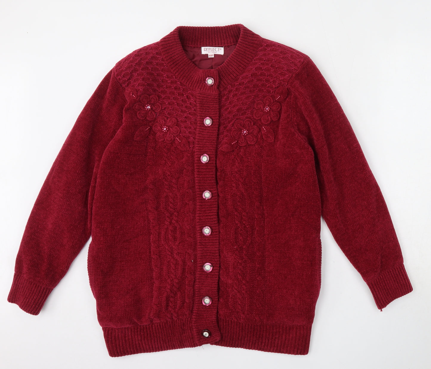 REFLECT knitwear Womens Red Round Neck Floral Acrylic Cardigan Jumper Size S