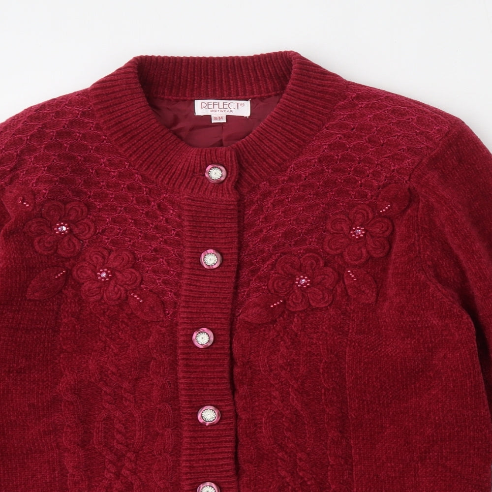 REFLECT knitwear Womens Red Round Neck Floral Acrylic Cardigan Jumper Size S