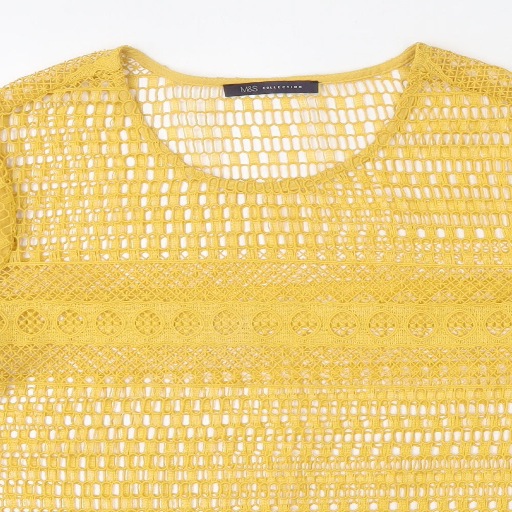 Marks and Spencer Womens Yellow Geometric Polyester Basic T-Shirt Size L Round Neck