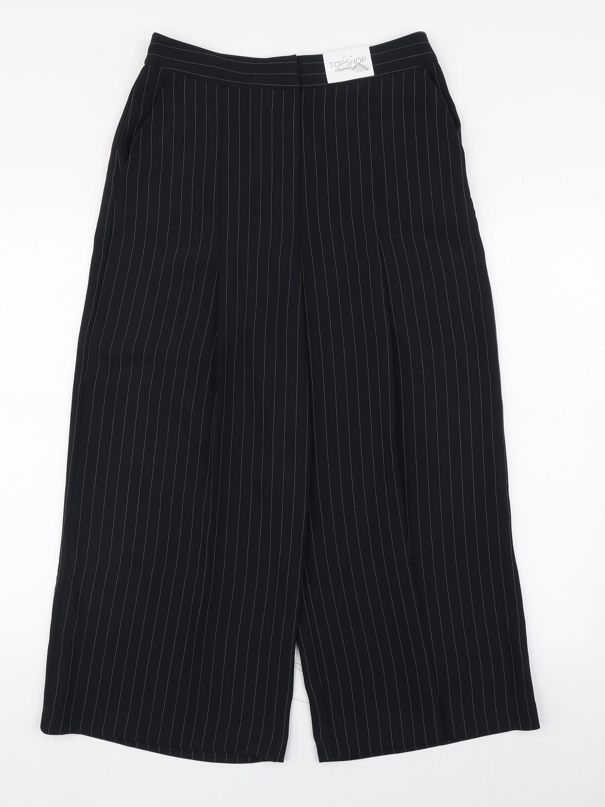 Topshop Womens Black Striped Polyester Trousers  Size 10 L23 in Regular Zip - Cropped