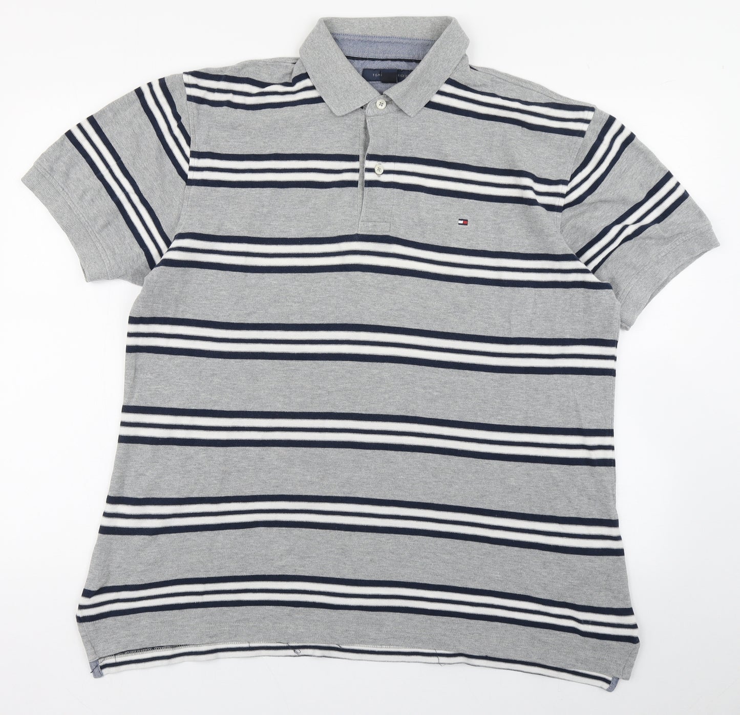 Tommy Hilfiger Mens Grey Striped Cotton  Polo Size L Collared Pullover