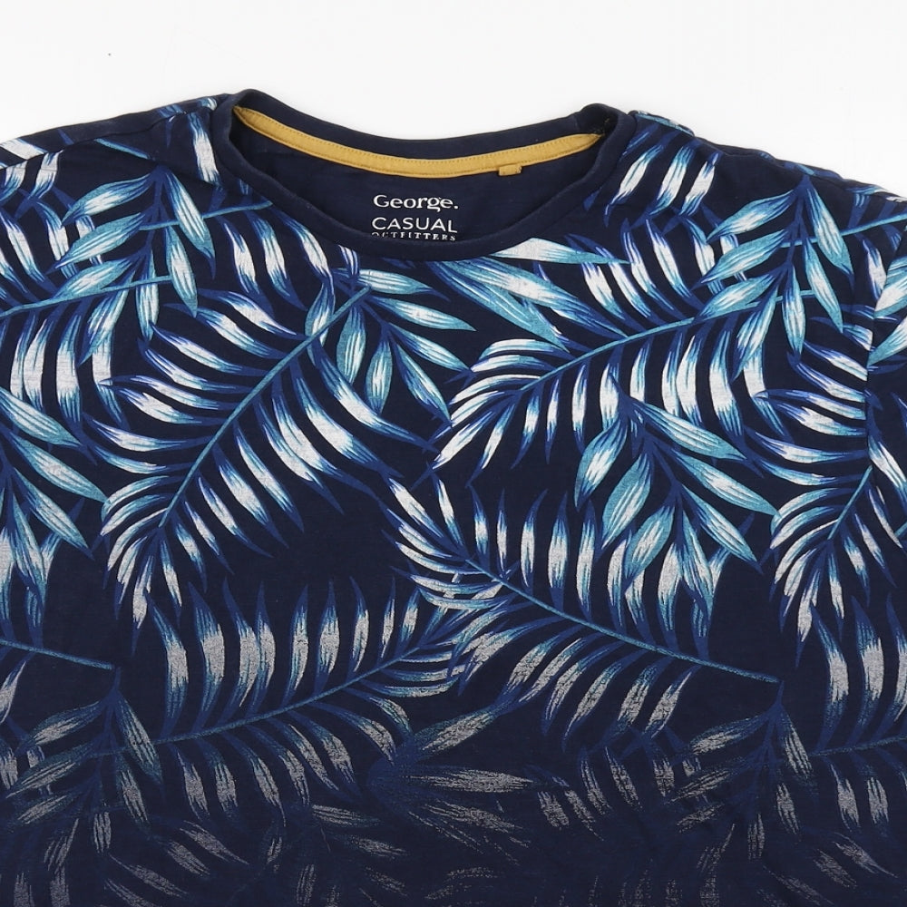 George Mens Blue Floral Cotton  T-Shirt Size L Round Neck