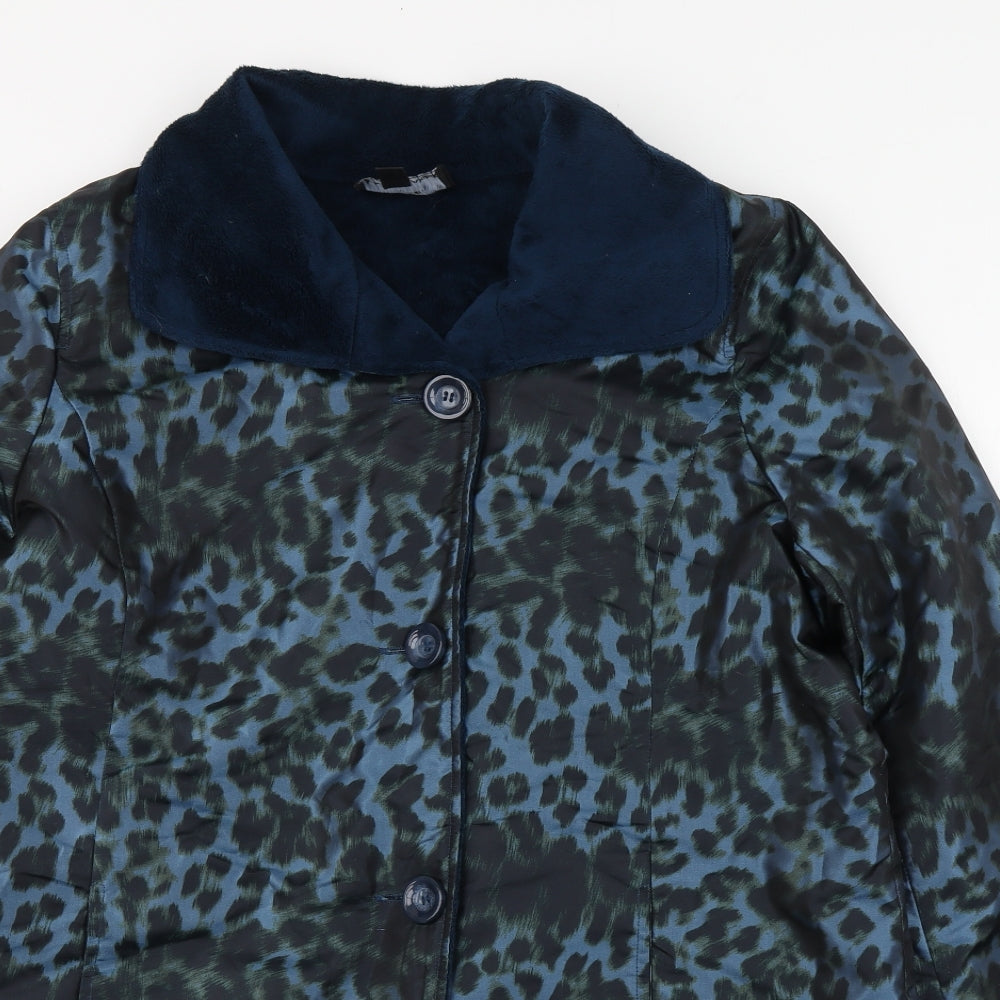 Dennis Basso Womens Blue Animal Print  Overcoat Coat Size M  Button - Reversable