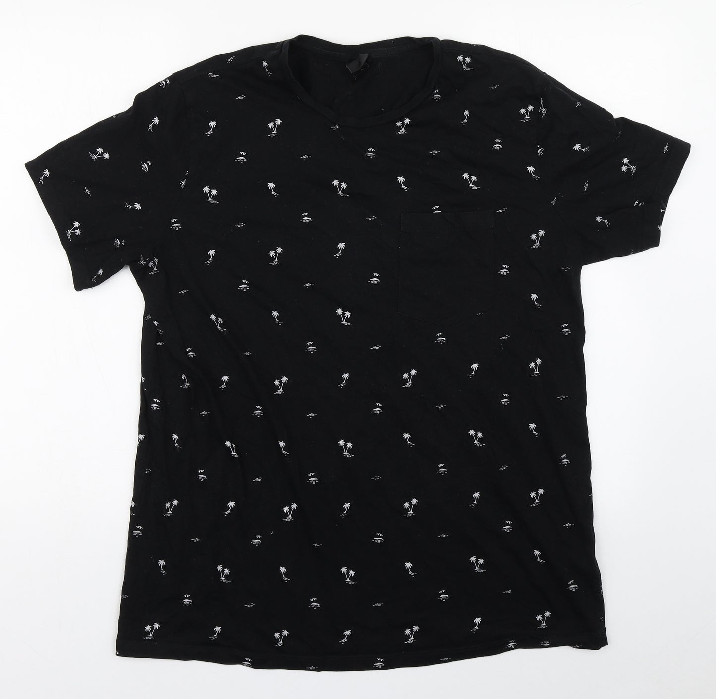 H&M Mens Black Geometric Cotton  T-Shirt Size XL Round Neck