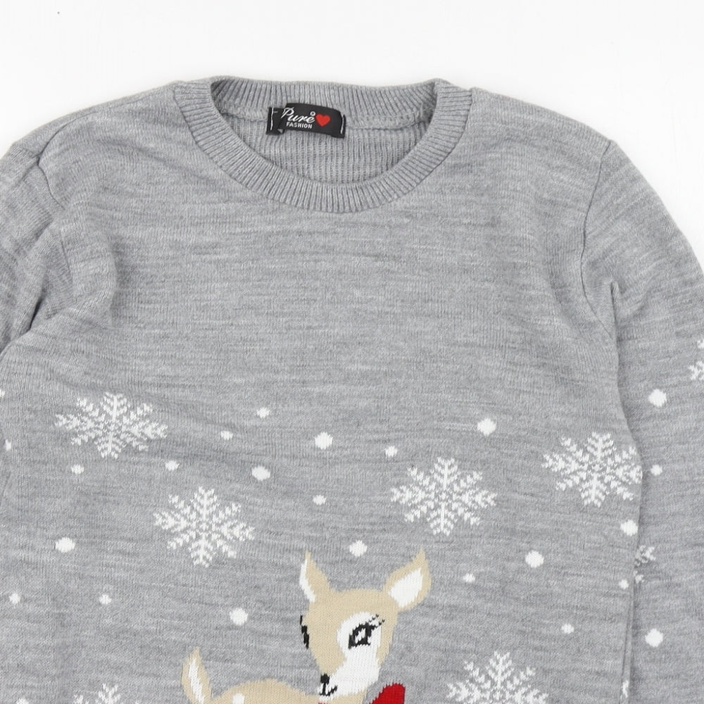 Pure Fashion Womens Grey Round Neck  Acrylic Pullover Jumper Size S   - Christmas