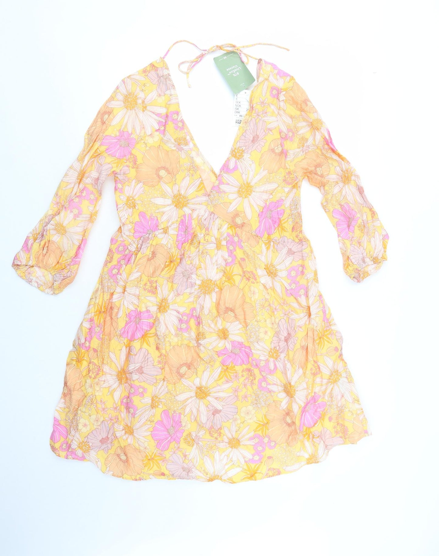 H&M Womens Yellow Floral Viscose Fit & Flare  Size XS  V-Neck Tie - Beach Cover Up