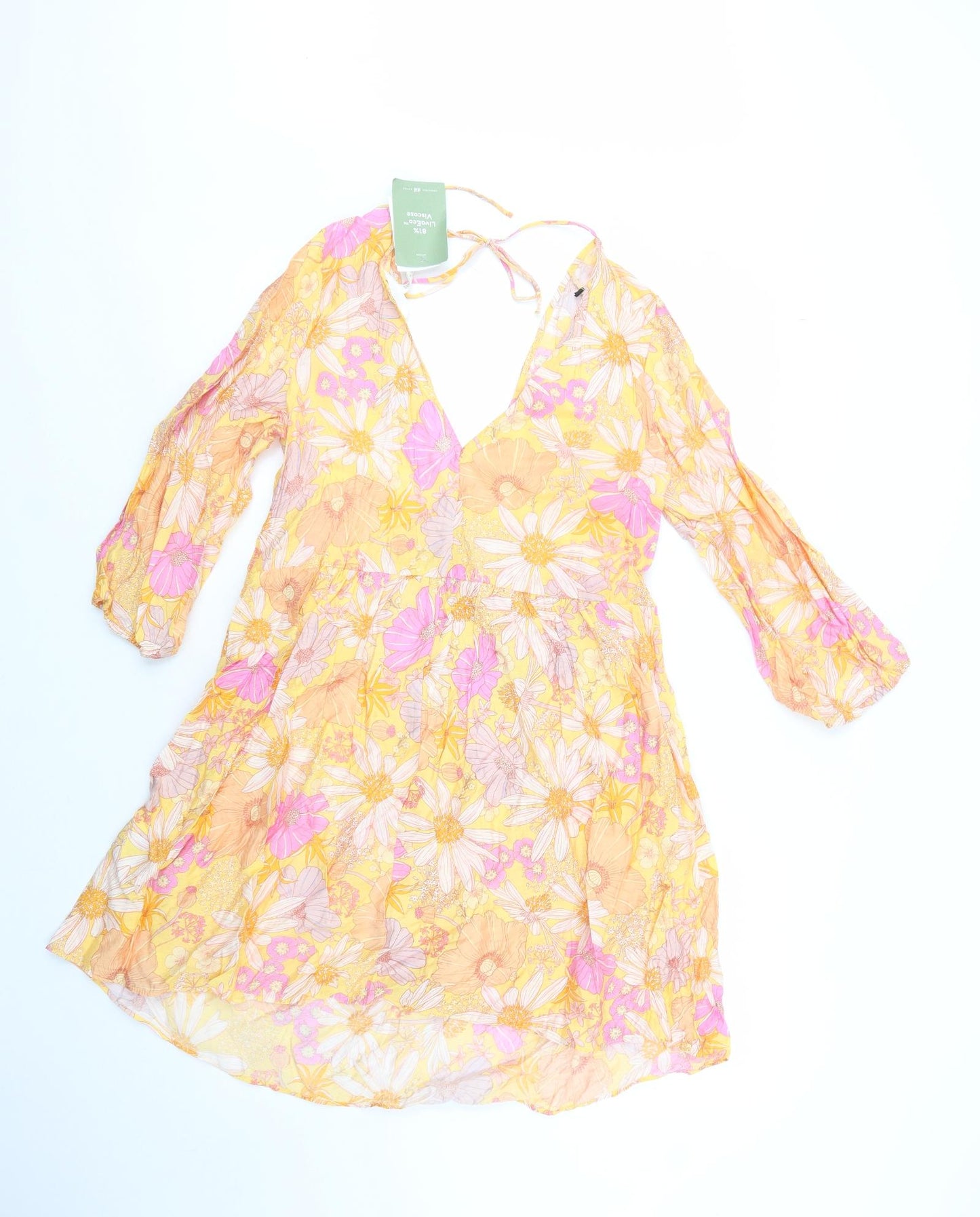 H&M Womens Yellow Floral Viscose Fit & Flare  Size XS  V-Neck Tie - Beach Cover Up