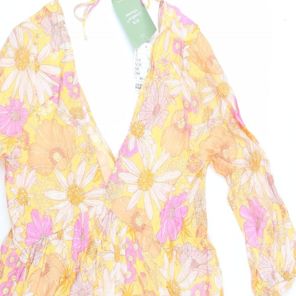 H&M Womens Yellow Floral Viscose Fit & Flare  Size XS  V-Neck Tie - Beach Cover Up