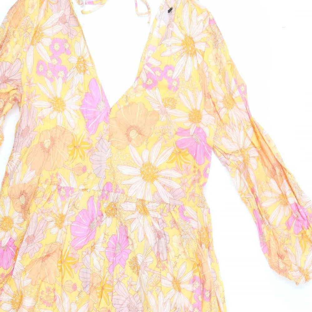 H&M Womens Yellow Floral Viscose Fit & Flare  Size XS  V-Neck Tie - Beach Cover Up