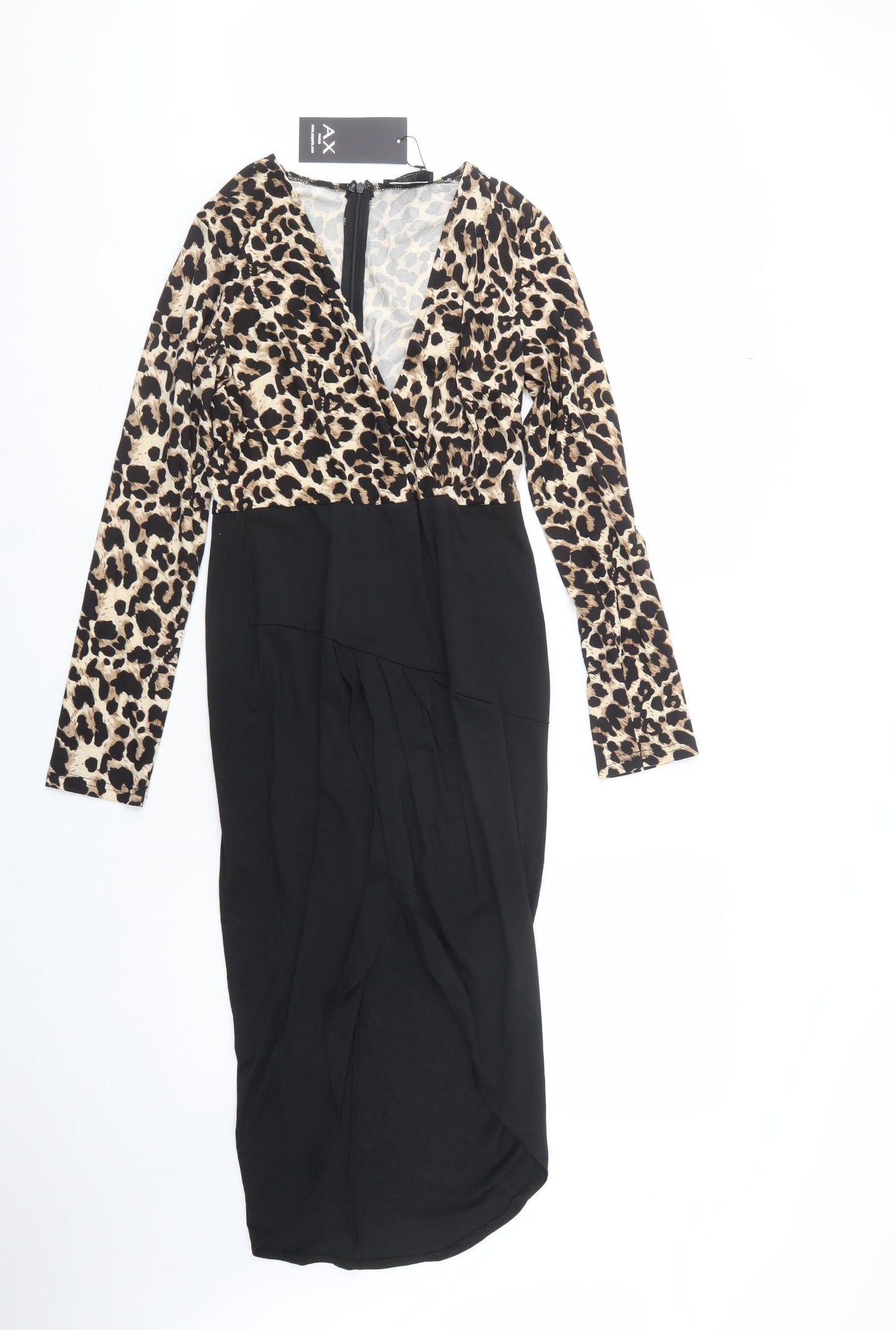 AX Paris Womens Black Animal Print Polyester Bodycon  Size 12  V-Neck Zip