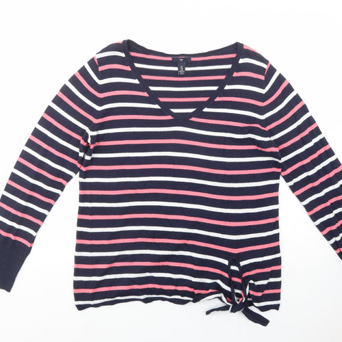 Gap Womens Blue V-Neck Striped Cotton Pullover Jumper Size M