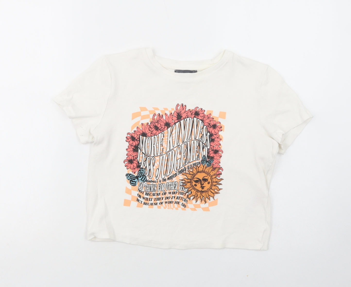 Primark Womens White  Cotton Cropped T-Shirt Size 10 Crew Neck