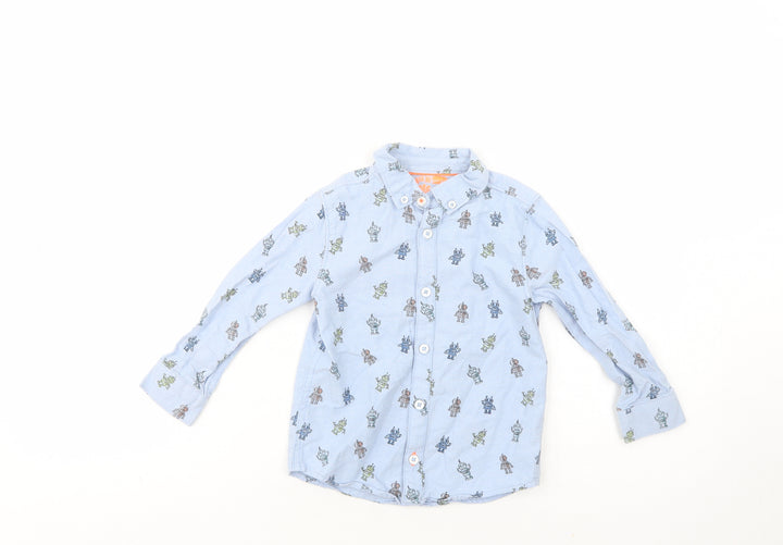 F&F Boys Blue Geometric Cotton Basic Button-Up Size 3-4 Years Collared Button - Robot Print